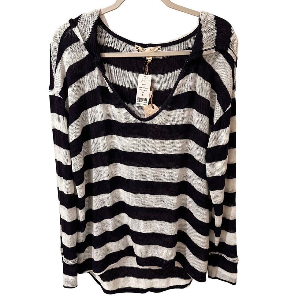 Joie Soft Erickson Coastal Nautical Striped Lightweight Hoodie Navy White, L